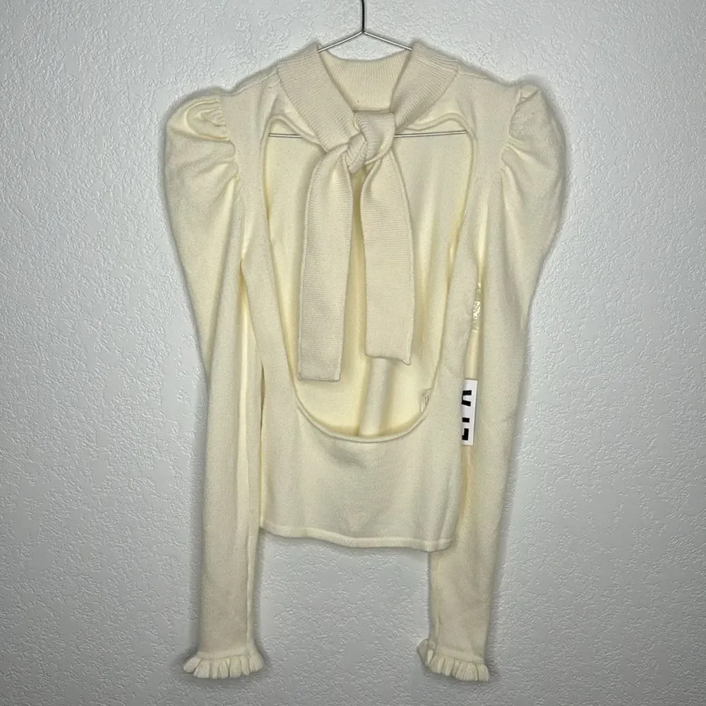 NWT LPA Marie Sweater Open Back Puff Sleeves in Cream Revolve Small